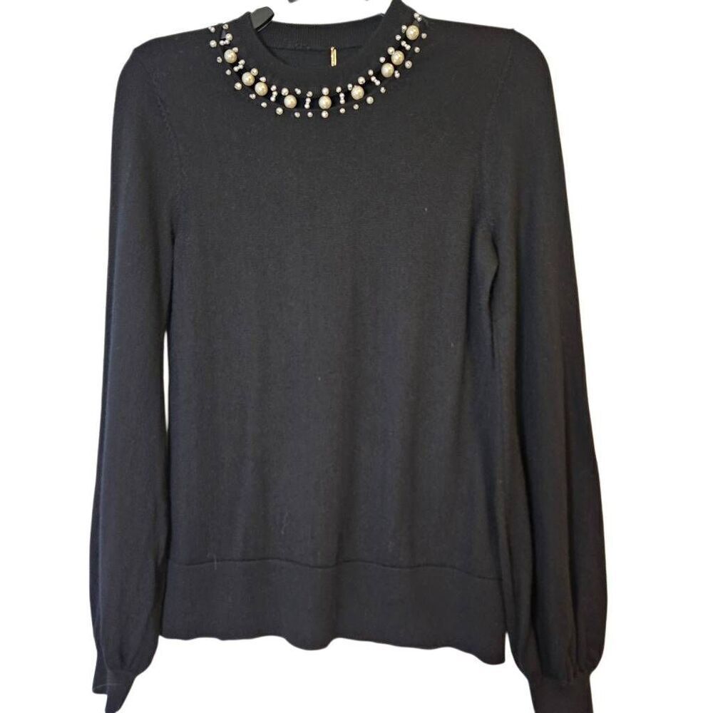 Elie Tahari black merino wool sweater, pearl trim. S. #910